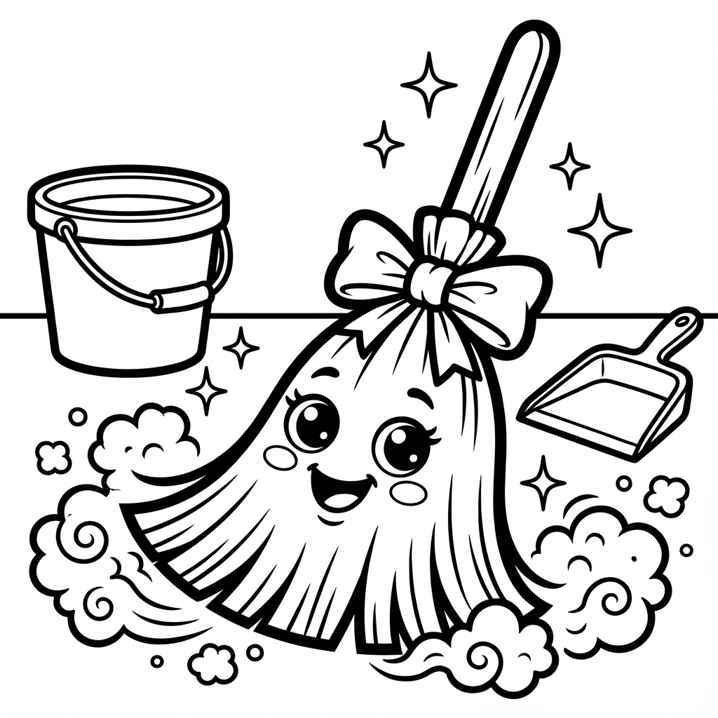 Happy broom and dustpan with sparkles, a great beginner coloring pages design with chunky line art coloring.